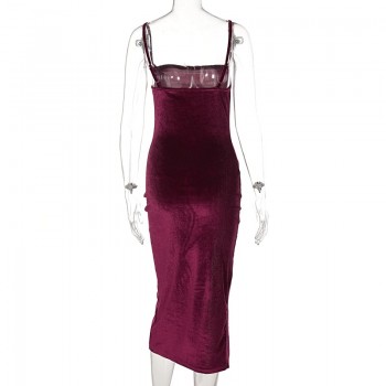 Velvet Maxi Dress with Swing Collar and Sexy Slit