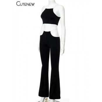Summer Casual Short Camisole and High Waist Hollow Wide Leg Pants Black