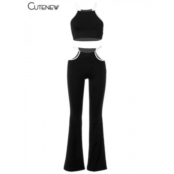 Summer Casual Short Camisole and High Waist Hollow Wide Leg Pants Black