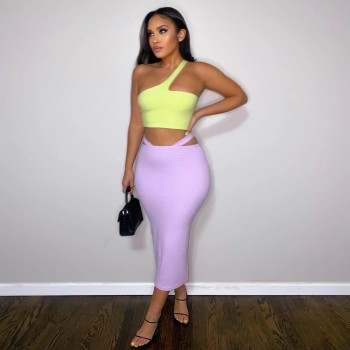 Women's One Shoulder Crop Tank Top and Pencil Midi Skirt Two-Piece Set Purple