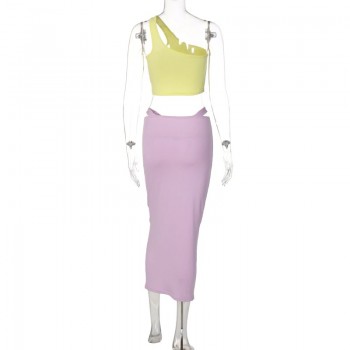 Women's One Shoulder Crop Tank Top and Pencil Midi Skirt Two-Piece Set Purple