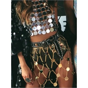 Novelty Sexy Women's Gold Silver Metal Chain Skirt Midi Ladies Hollow Lace Up