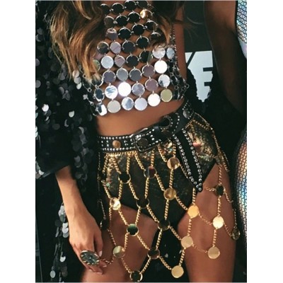 Novelty Sexy Women's Gold Silver Metal Chain Skirt Midi Ladies Hollow Lace Up