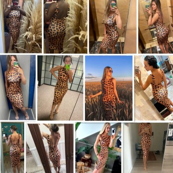 Leopard Print Dress Women Fashion Backless Sheath Bodycon Prom Gown Sleeveless