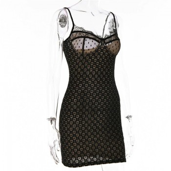 Women's Fashion Sleeveless Backless Print Maxi Dress with Lace Spaghetti Straps Black