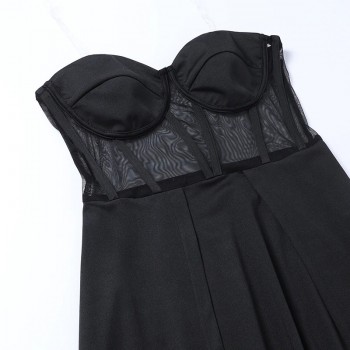 Black Mesh Patchwork Strapless Corset Maxi Dress Sleeveless Bodycon Split See Through