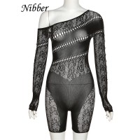 Lace Mesh See Through Midnight Playsuits Women Sexy Inclined Shoulder Long Sleeve Green Black Brown