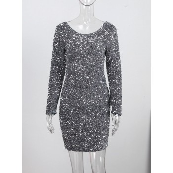 Backless Sequined Evening Mini Dress Women 2023 O-neck Long Sleeve Bodycon Slit Dresses Silver