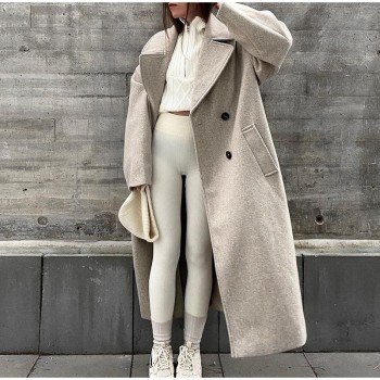 Women's Lapel Collar Long Sleeve Double Breasted Winter Wool Coat