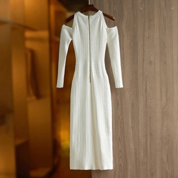 Women's Elegant Off-Shoulder Black and White Long Knitted Dress