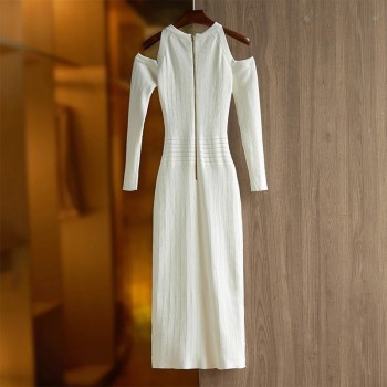 Women's Elegant Off-Shoulder Black and White Long Knitted Dress