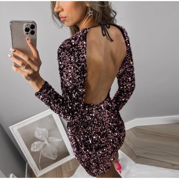 Women's Sparkling Velvet Sequin Cut-Out Backless Mini Dress with Long Sleeves