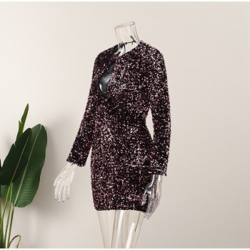 Women's Sparkling Velvet Sequin Cut-Out Backless Mini Dress with Long Sleeves