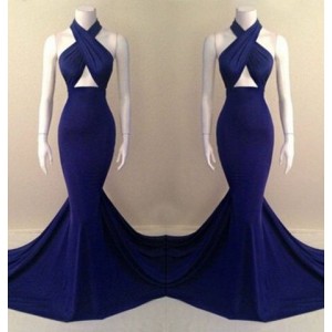 Alluring Halter Sleeveless Solid Color Criss-Cross Dress For Women blue