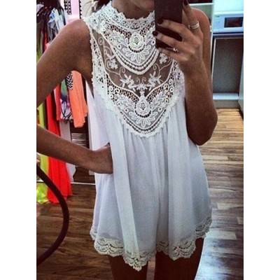 Alluring Hollow Out Design Sleeveless Stand-Up Collar Lace Splicing Dress For Women white
