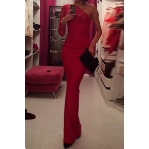 Alluring One-Shoulder Long Sleeve Solid Color Furcal Dress For Women red