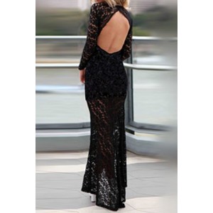 Alluring Plunging Neck Long Sleeve Lace High-Furcal Backless Dress For Women black white