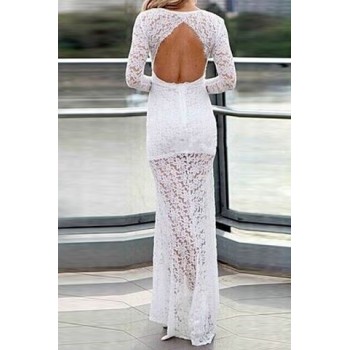 Alluring Plunging Neck Long Sleeve Lace High-Furcal Backless Dress For Women black white