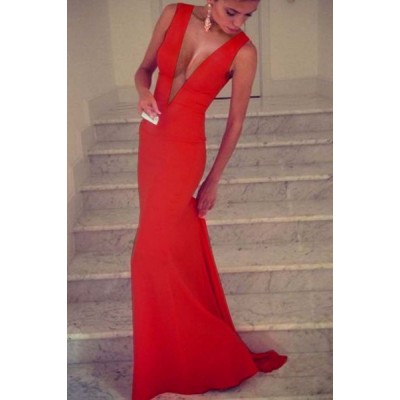 Alluring Plunging Neck Sleeveless Solid Color Slimming Dress For Women red blue black