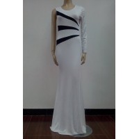 Alluring Round Collar Color Block Irregular Long Sleeve Dress For Women white