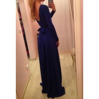 Alluring Round Neck Long Sleeve Solid Color Lace-Up Backless Dress For Women blue green red