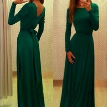 Alluring Round Neck Long Sleeve Solid Color Lace-Up Backless Dress For Women blue green red