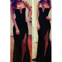 Alluring Spaghetti Strap Sleeveless Solid Color Furcal Dress For Women black
