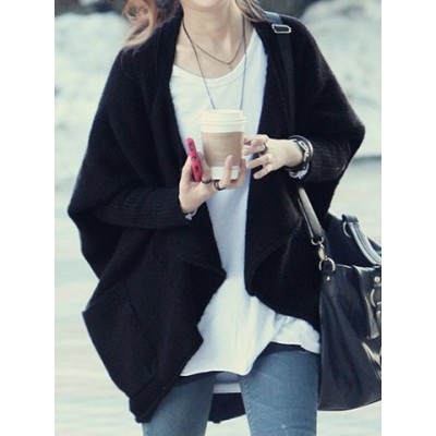 Batwing Sleeves Solid Color Asymmetric Stylish Cardigan For Women black coffee