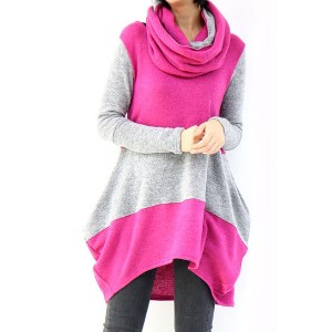 Casual Round Neck Long Sleeve Color Block Asymmetrical Sweater For Women plum black