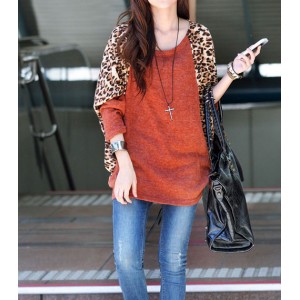 Casual Scoop Neck Color Splicing Leopard Print Long Sleeves Loose-Fitting Women's Sweater red