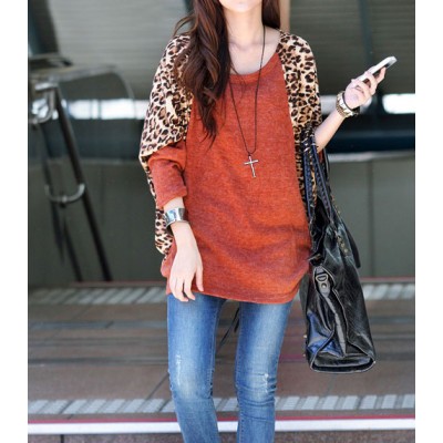 Casual Scoop Neck Color Splicing Leopard Print Long Sleeves Loose-Fitting Women's Sweater red
