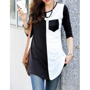 Casual Women's Scoop Neck Color Block 3/4 Sleeve T-Shirt black white
