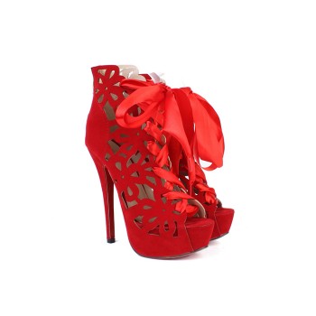 Club Women's Stiletto Heel Boots With Openwork and Lace-Up Design red black