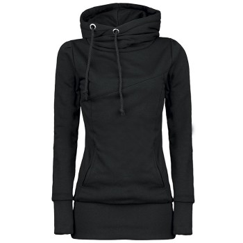 Draw String Pockets Beam Waist Korean Style Cotton Solid Color Hoodie For Women gray black blue