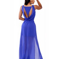 Elegant Scoop Neck Sleeveless Spliced Solid Color Dress For Women blue