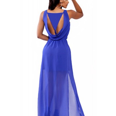 Elegant Scoop Neck Sleeveless Spliced Solid Color Dress For Women blue