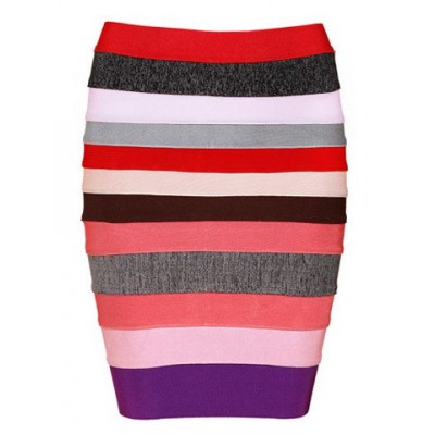Elegant Women's Color Block Striped Zippered Bodycon Bandage Skirt