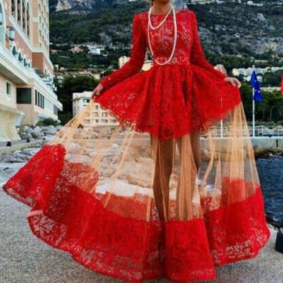 Elegant Women's Jewel Neck Long Sleeve Floor-Length Lace Dress red