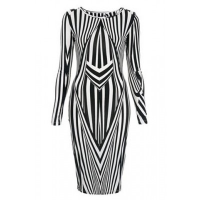 Fashionable Women's Jewel Neck Long Sleeve Striped Bodycon Dress black white