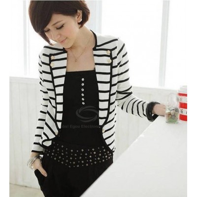 Graceful Black-White Stripe Design Lapel Collar Long Sleeves Blazer For Women white