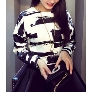 Jewel Neck Long Sleeves Abstract Printed Casual Top For Women black white