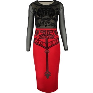 Jewel Neck Long Sleeves Color Block Lace Splicing Stylish Dress For Women red black