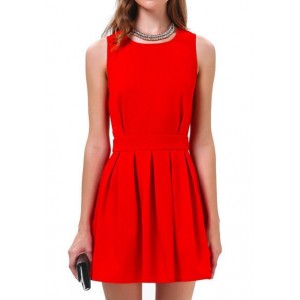 Jewel Neck Sleeveless Solid Color Backless Beam Waist Stylish Dress For Women red