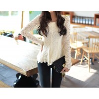 Ladylike Scoop Neck Flouncing Long Sleeves Lace Blouse For Women apricot