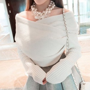 Long Sleeves Solid Color Asymmetric Stylish Sweater For Women white black blue
