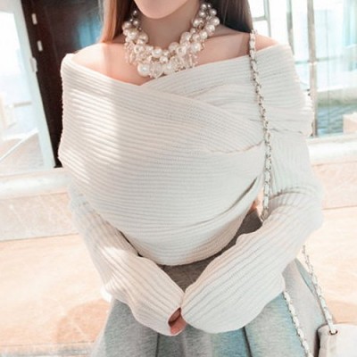 Long Sleeves Solid Color Asymmetric Stylish Sweater For Women white black blue