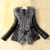 Long Sleeves Solid Color Faux Fur Collar Stylish Faux Leather Coat For Women black