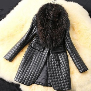 Long Sleeves Solid Color Faux Fur Collar Stylish Long Faux Leather Coat For Women black