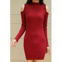 Long Sleeves Solid Color Off-The-Shoulder Stylish Sweater Dress For Women red black