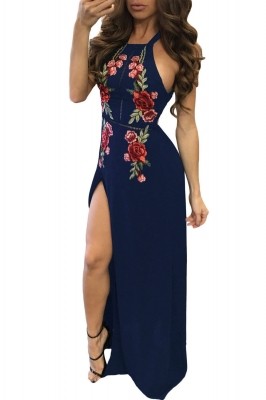 Navy Blue High Split Floral Embroidered Maxi Dress